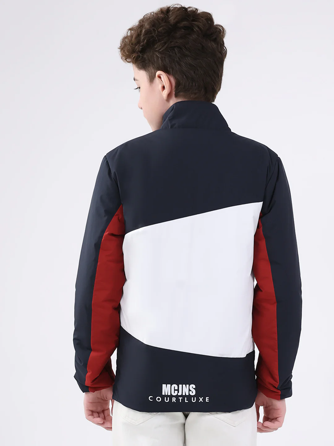 Boys Navy Blue Printed Mock Neck Full Sleeve Jacket - Image 5