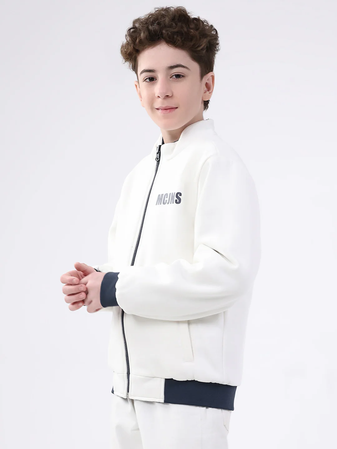 Boys Navy Blue Printed Mock Neck Full Sleeve Jacket - Image 7