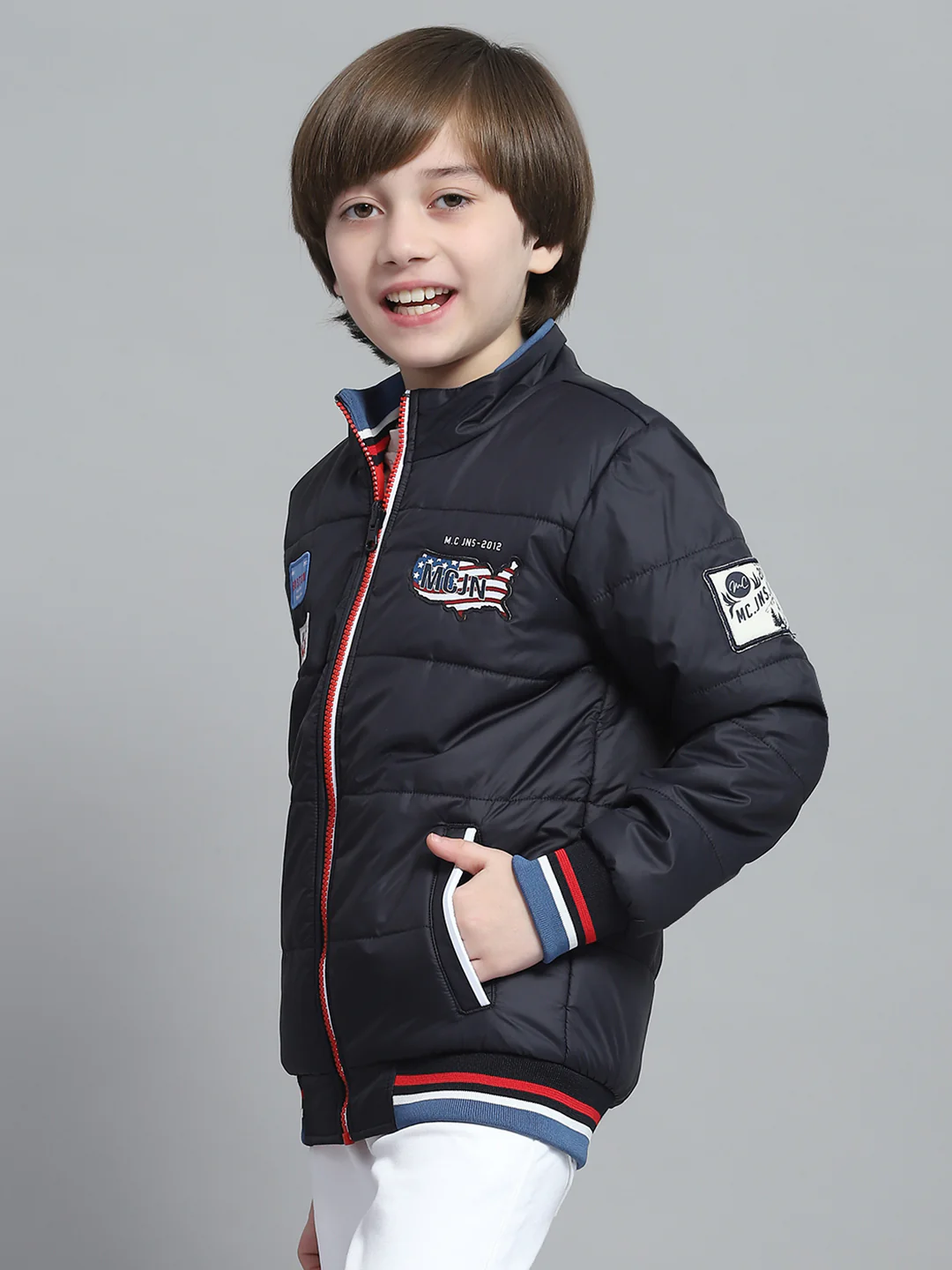 Boys Navy Blue Printed Mock Neck Full Sleeve Reversible Jacket - Image 3