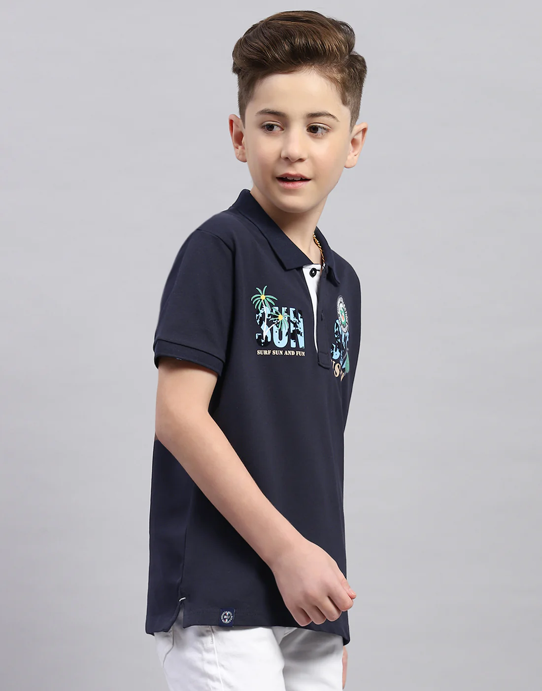 Boys Navy Blue Printed Polo Collar Half Sleeve T-Shirt - Image 4