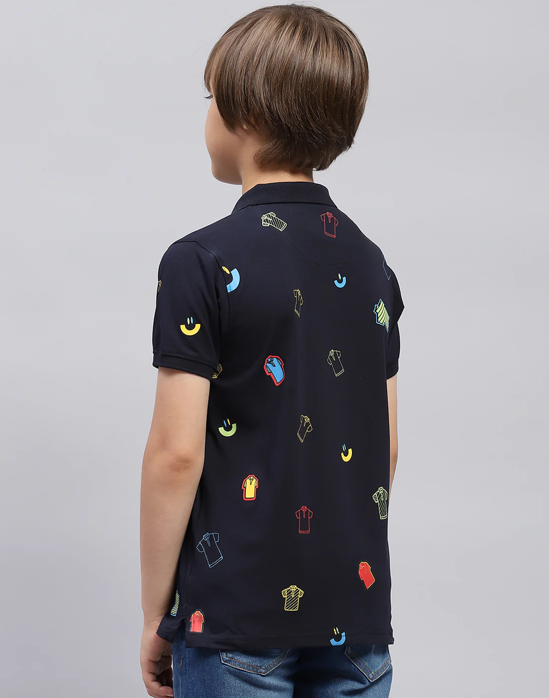 Boys Navy Blue Printed Polo Collar Half Sleeve T-Shirt - Image 5