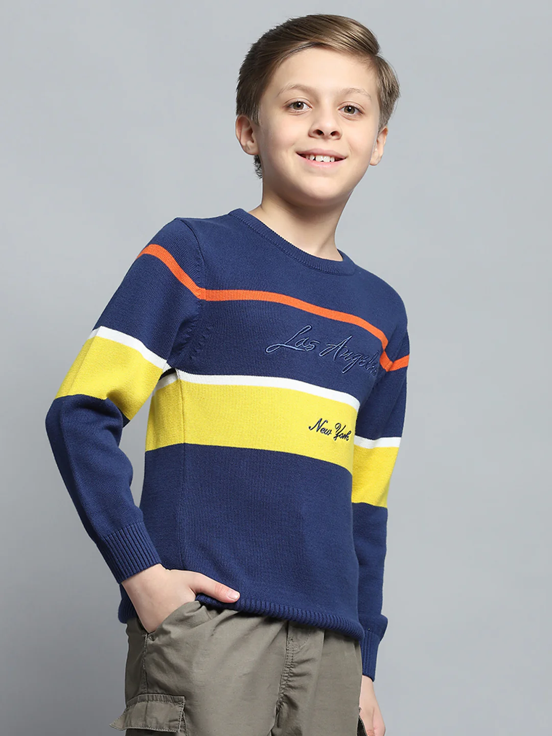 Boys Navy Blue Printed Round Neck Full Sleeve Pullover - Image 3