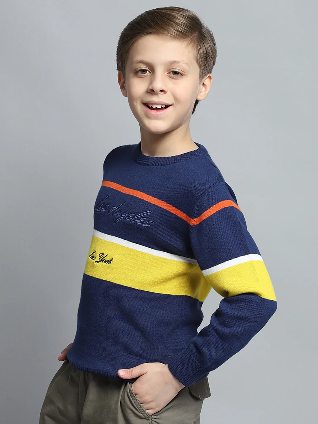 Boys Navy Blue Printed Round Neck Full Sleeve Pullover - Image 4