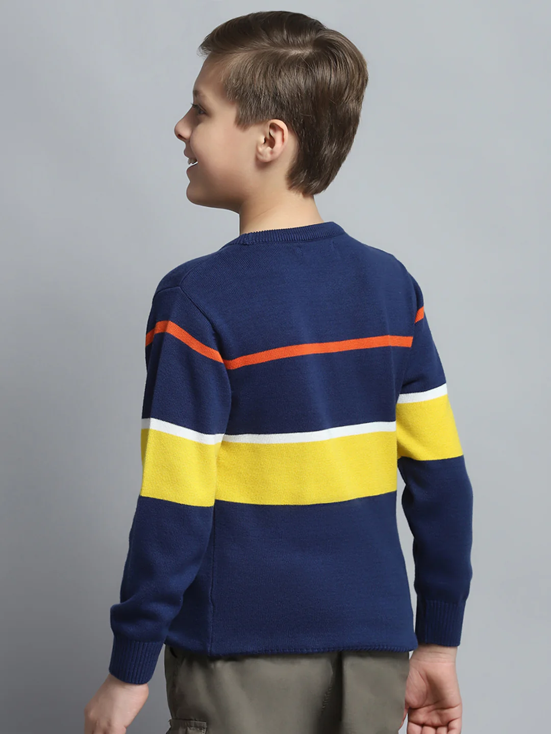 Boys Navy Blue Printed Round Neck Full Sleeve Pullover - Image 5