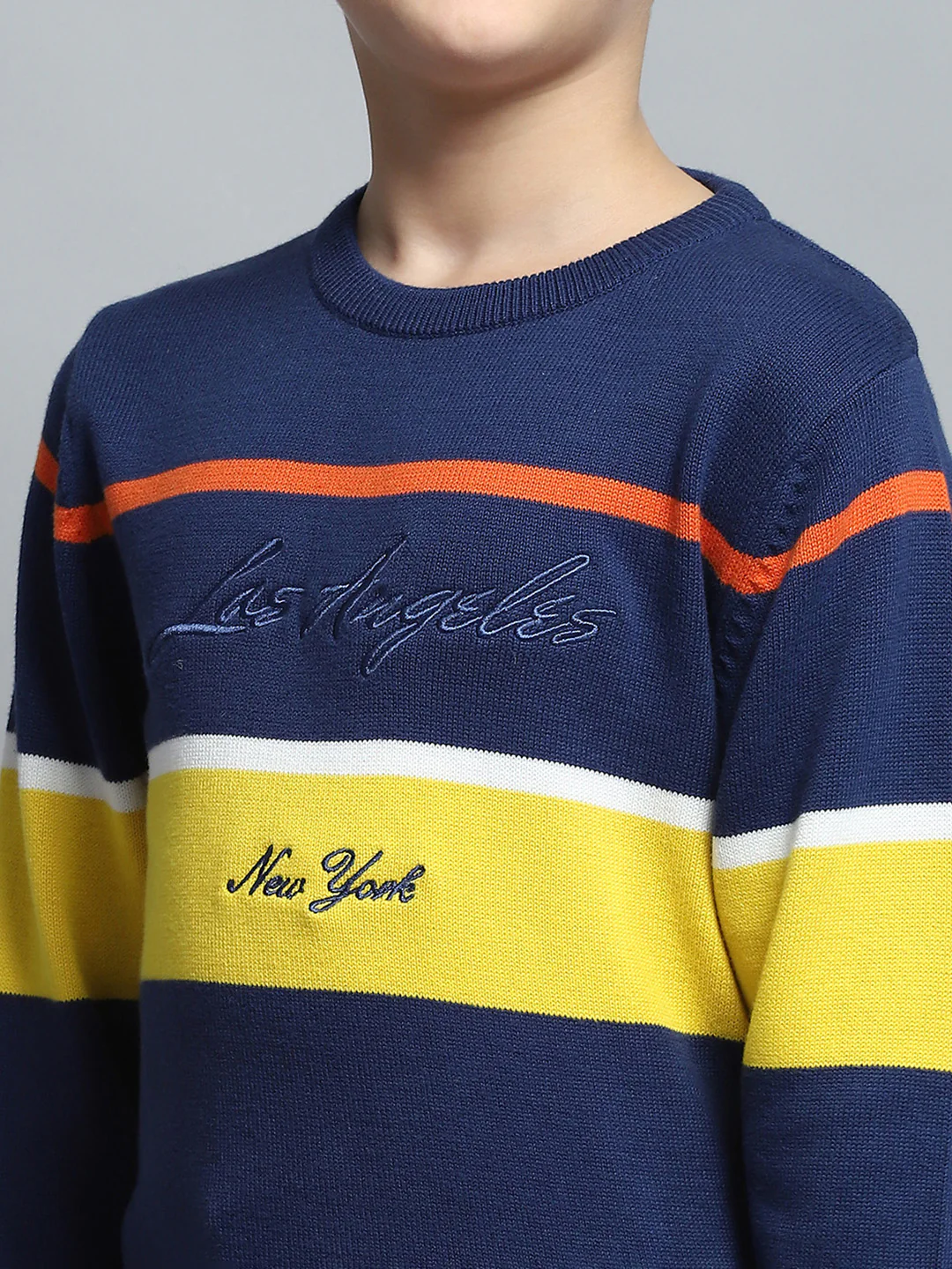 Boys Navy Blue Printed Round Neck Full Sleeve Pullover - Image 6