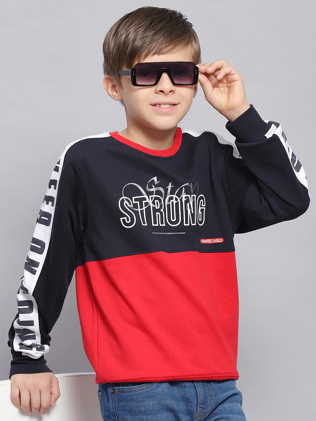 Boys Navy Blue Printed Round Neck Full Sleeve Sweatshirt - Image 2