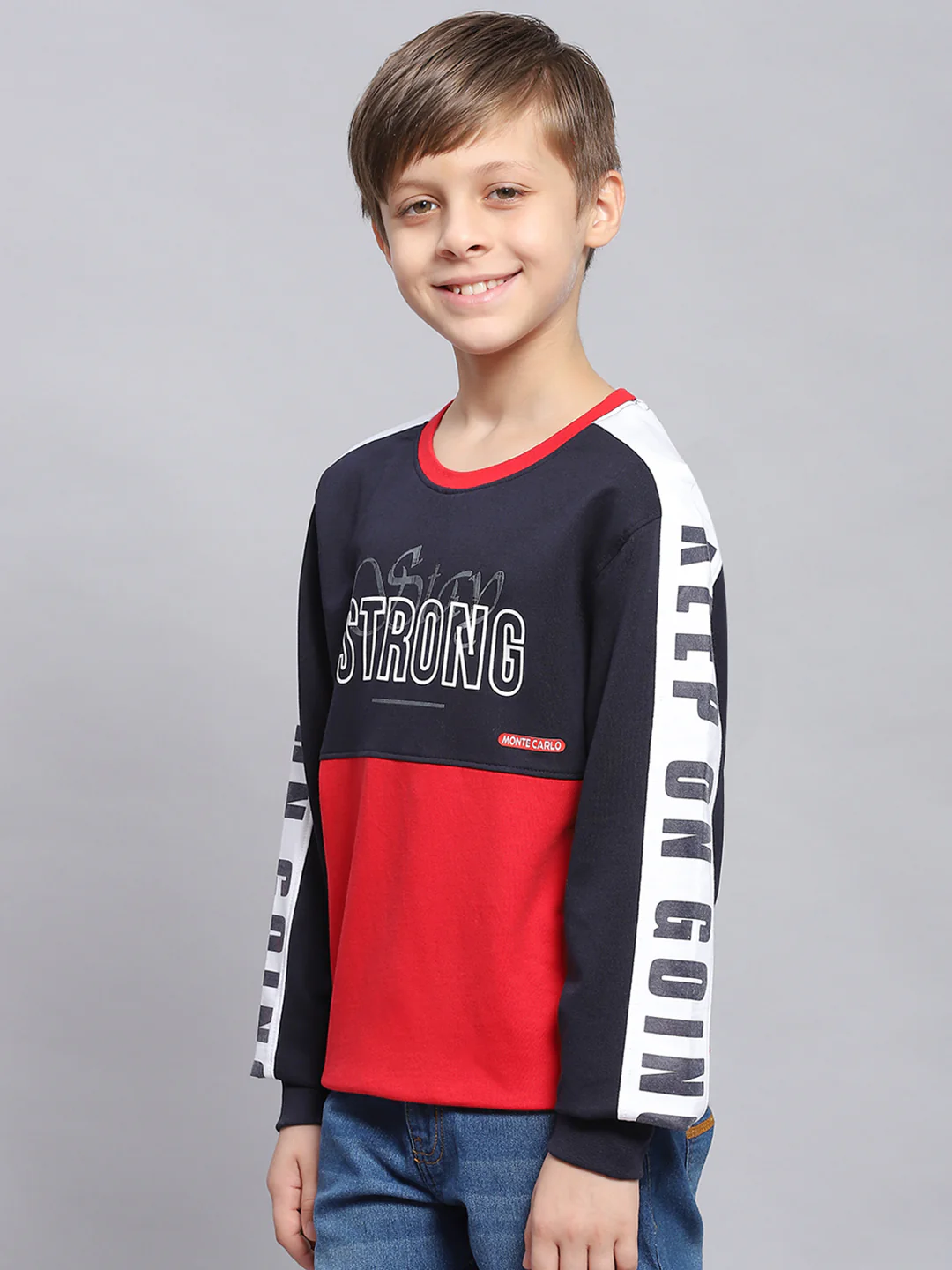Boys Navy Blue Printed Round Neck Full Sleeve Sweatshirt - Image 3