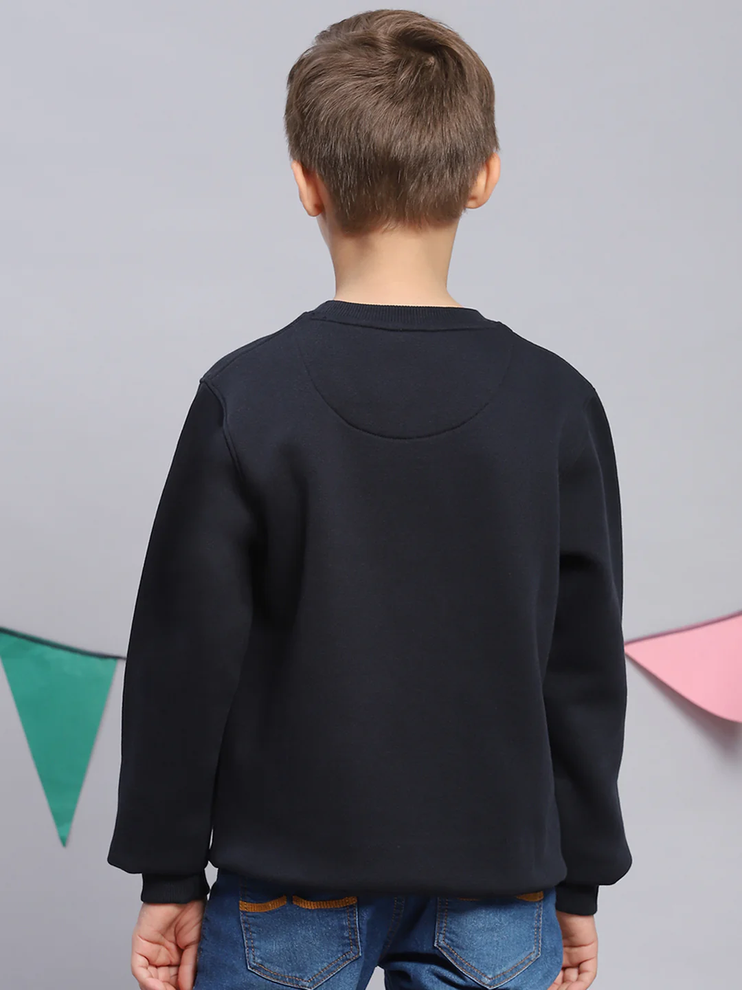 Boys Navy Blue Printed Round Neck Full Sleeve Sweatshirt - Image 5