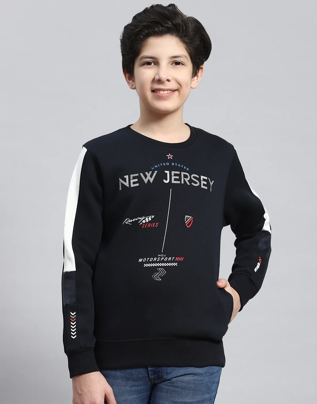 Boys Navy Blue Printed Round Neck Full Sleeve Sweatshirt - Image 2