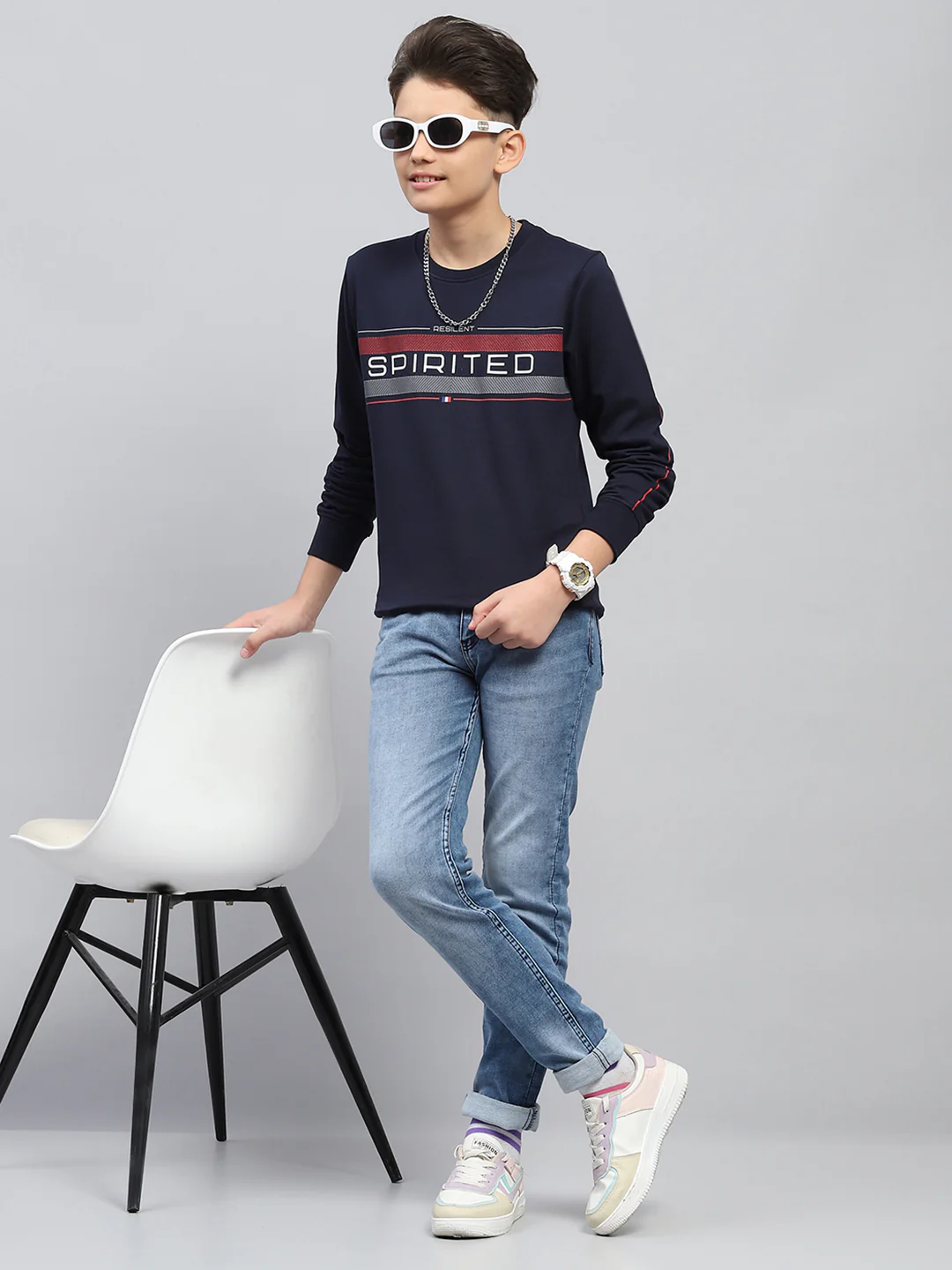 Boys Navy Blue Printed Round Neck Full Sleeve Sweatshirt - Image 2