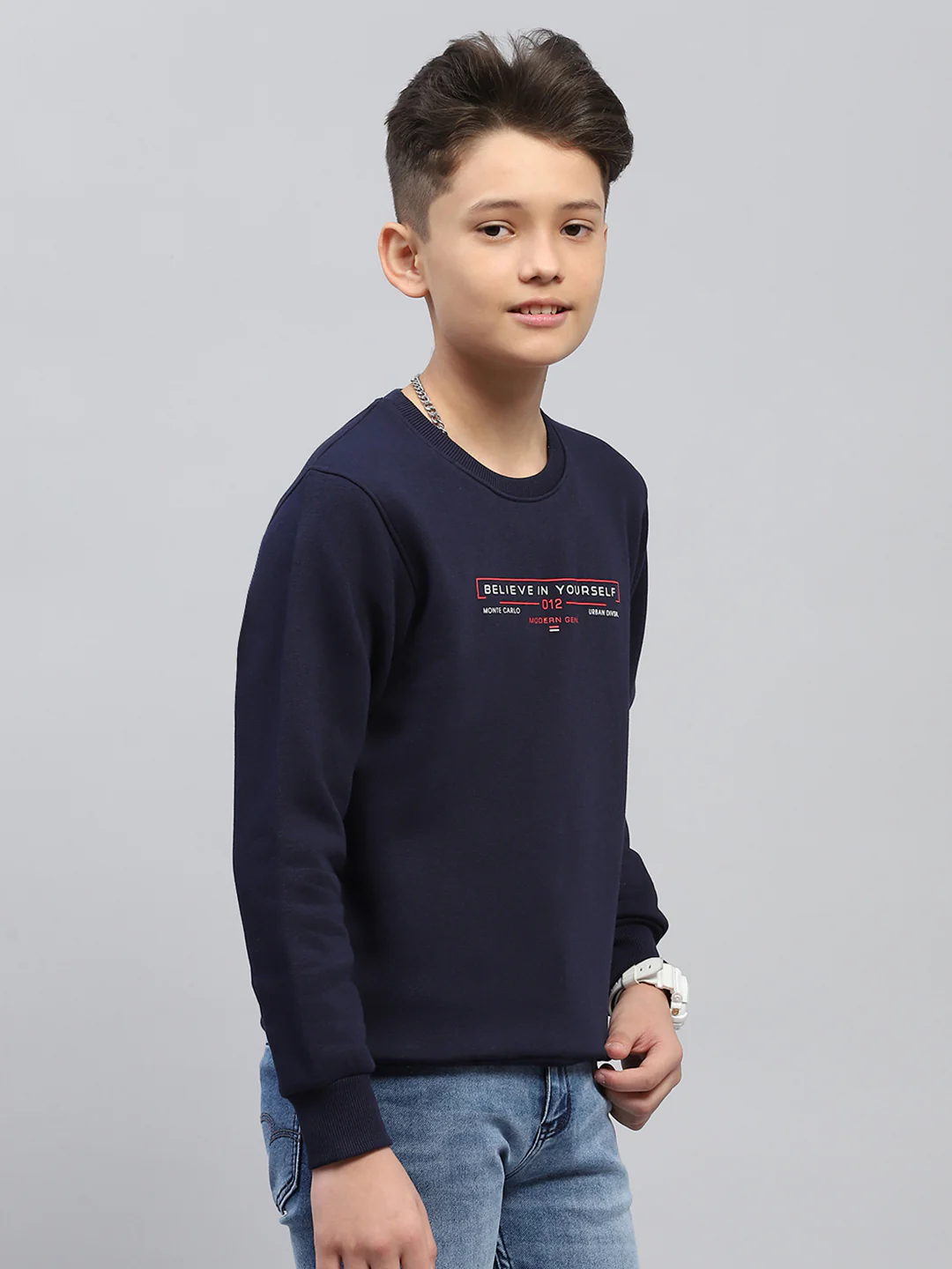 Boys Navy Blue Printed Round Neck Full Sleeve Sweatshirt - Image 4