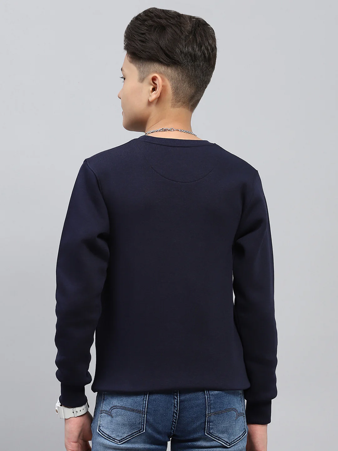 Boys Navy Blue Printed Round Neck Full Sleeve Sweatshirt - Image 5