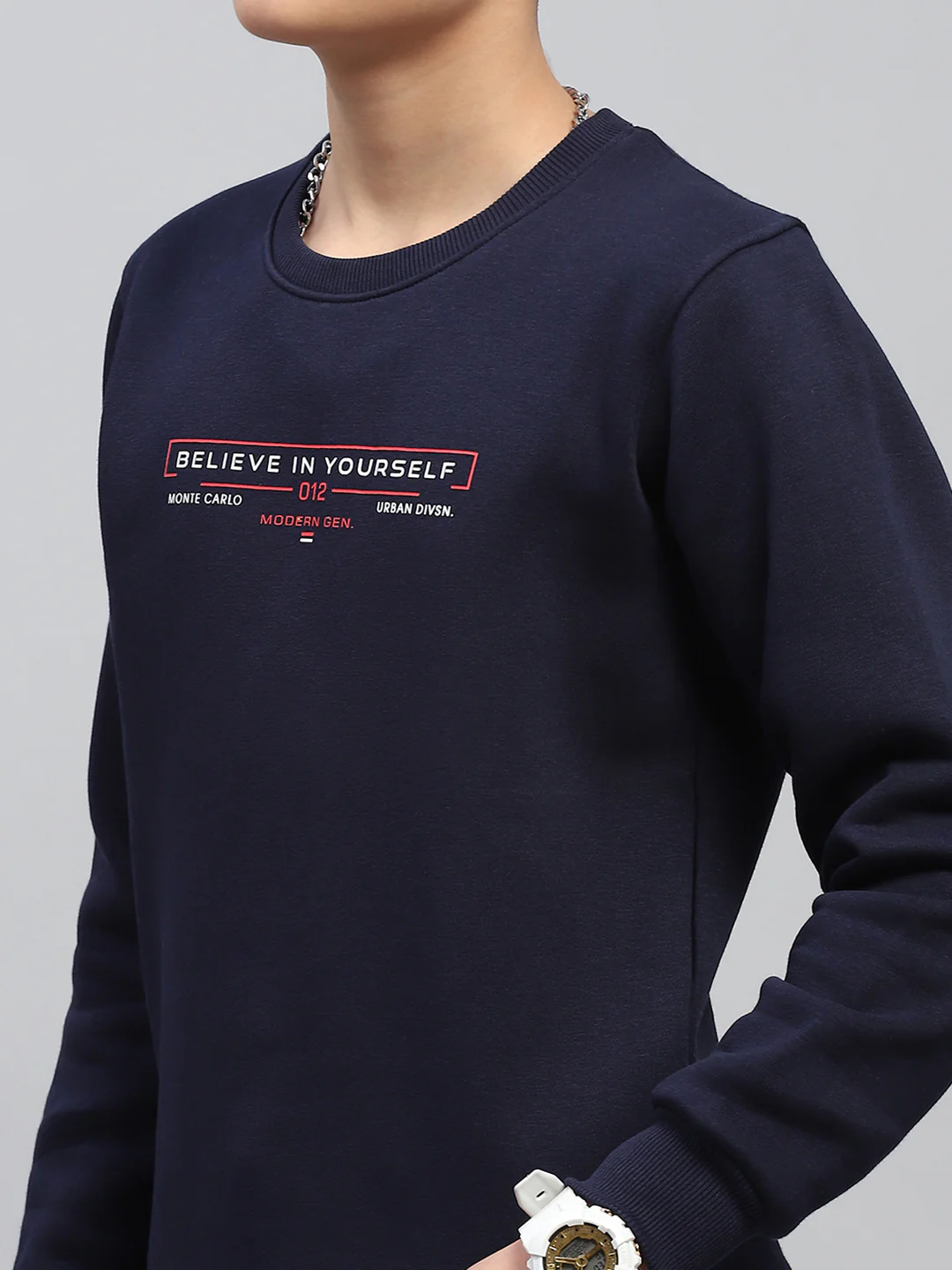 Boys Navy Blue Printed Round Neck Full Sleeve Sweatshirt - Image 6
