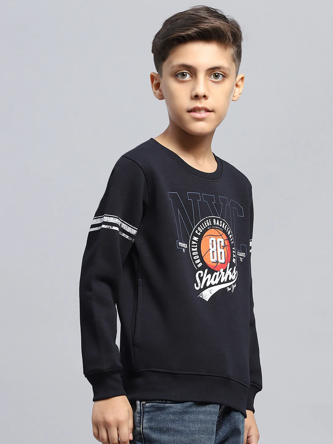 Boys Navy Blue Printed Round Neck Full Sleeve Sweatshirt - Image 4