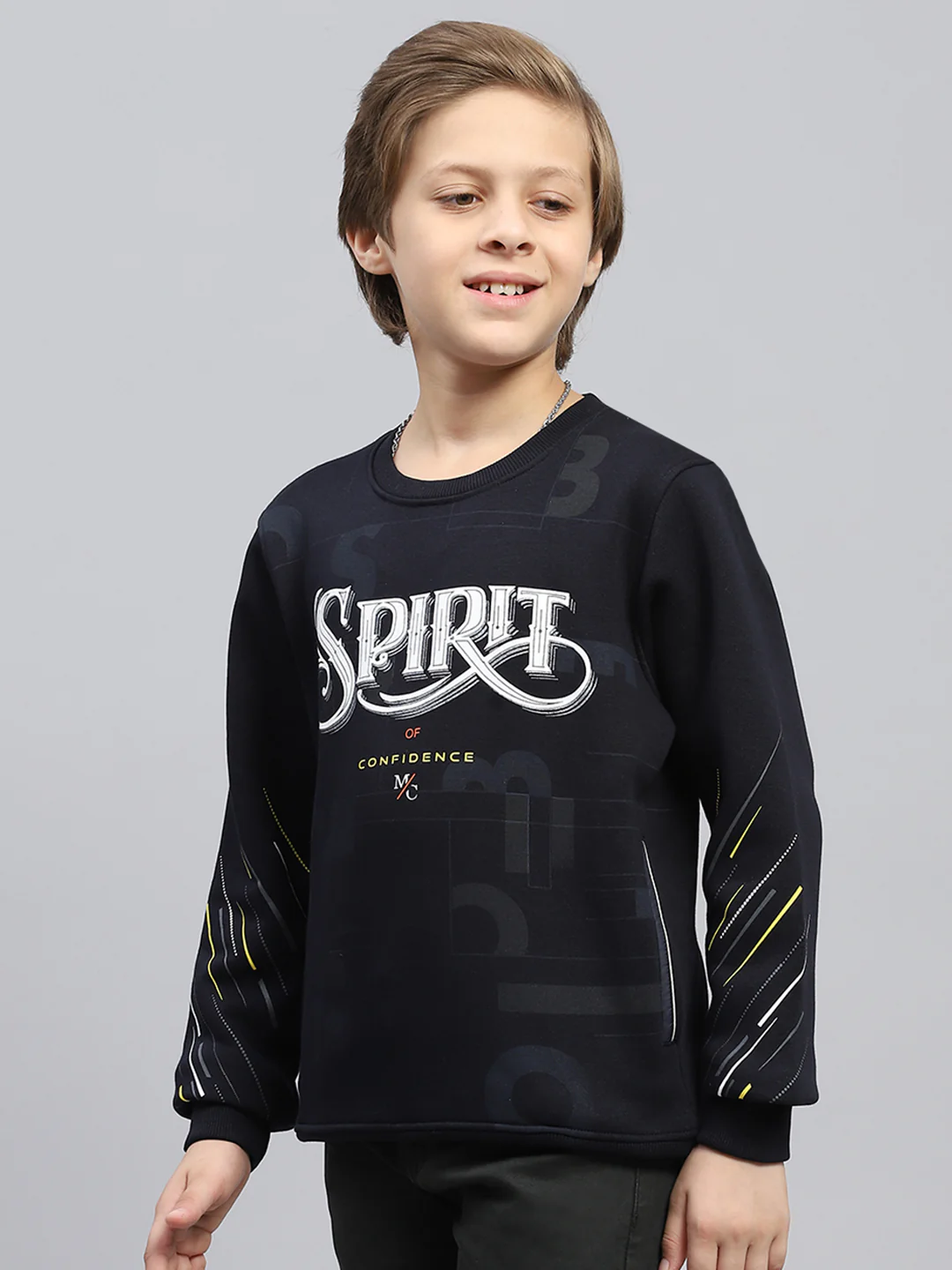 Boys Navy Blue Printed Round Neck Full Sleeve Sweatshirt - Image 3