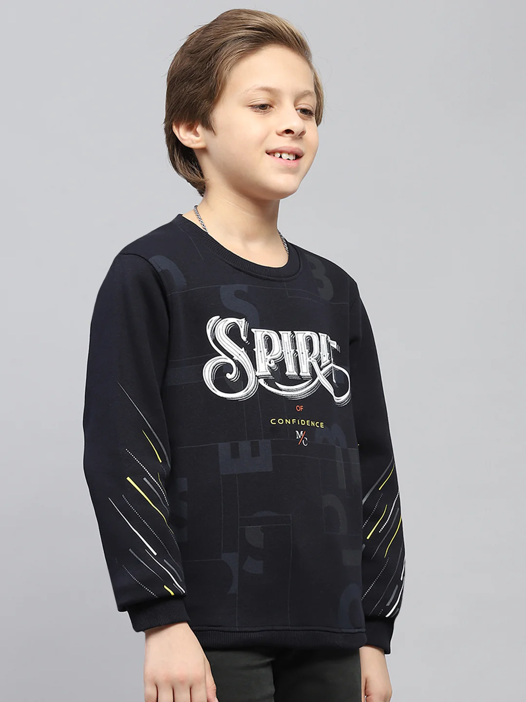 Boys Navy Blue Printed Round Neck Full Sleeve Sweatshirt - Image 4