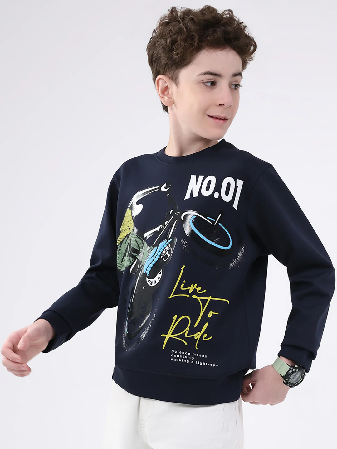 Boys Navy Blue Printed Round Neck Full Sleeve Sweatshirt - Image 3