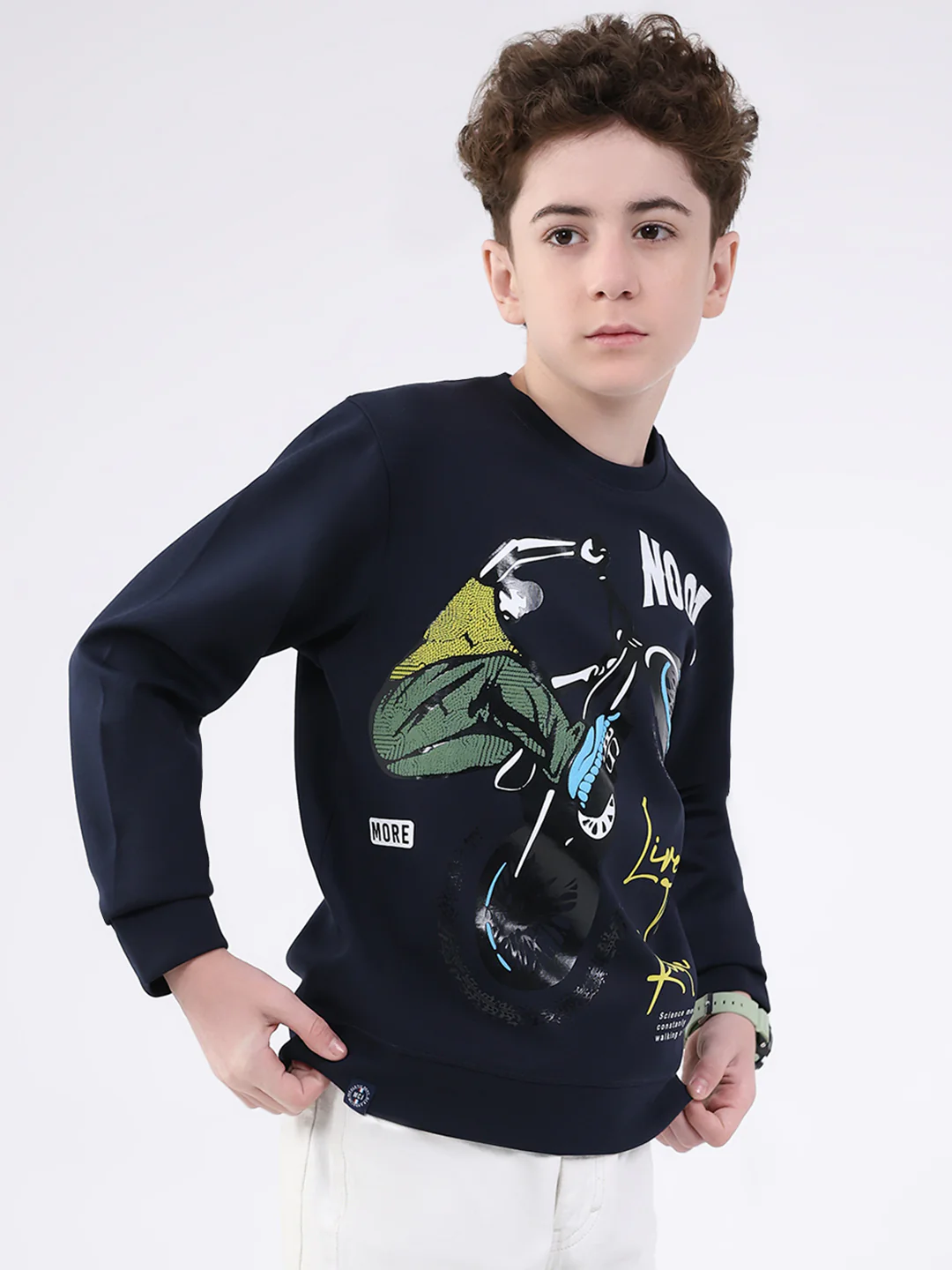 Boys Navy Blue Printed Round Neck Full Sleeve Sweatshirt - Image 4