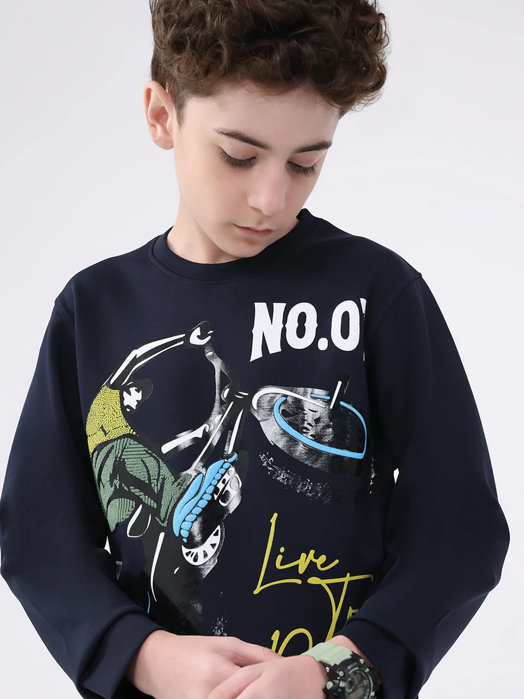 Boys Navy Blue Printed Round Neck Full Sleeve Sweatshirt - Image 6