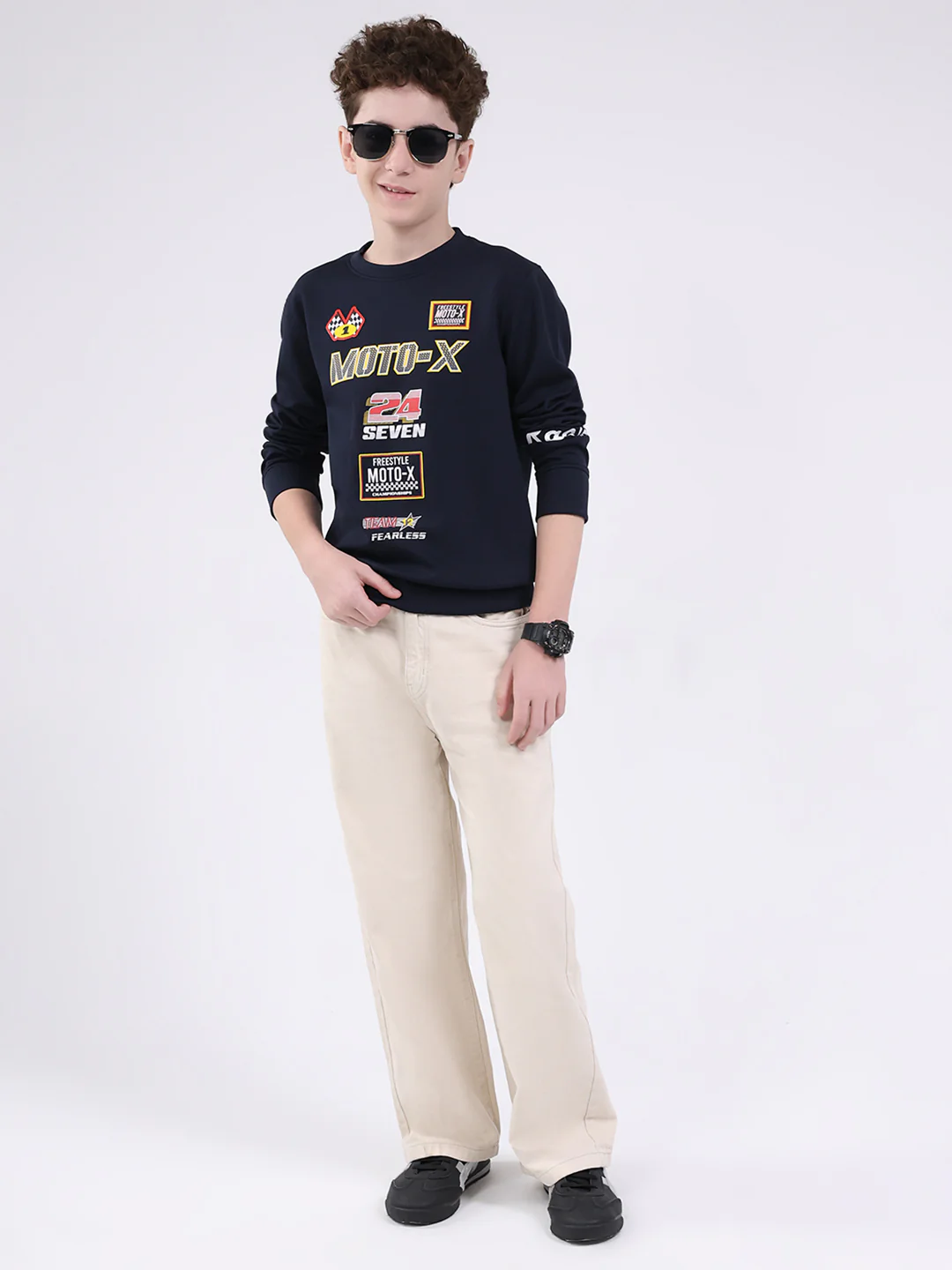 Boys Navy Blue Printed Round Neck Full Sleeve Sweatshirt - Image 2