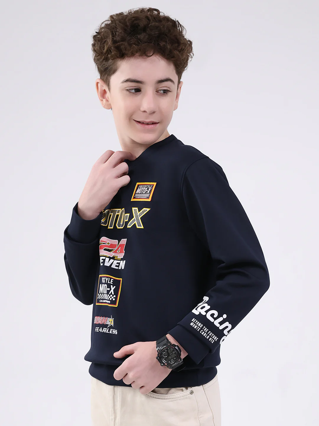 Boys Navy Blue Printed Round Neck Full Sleeve Sweatshirt - Image 3
