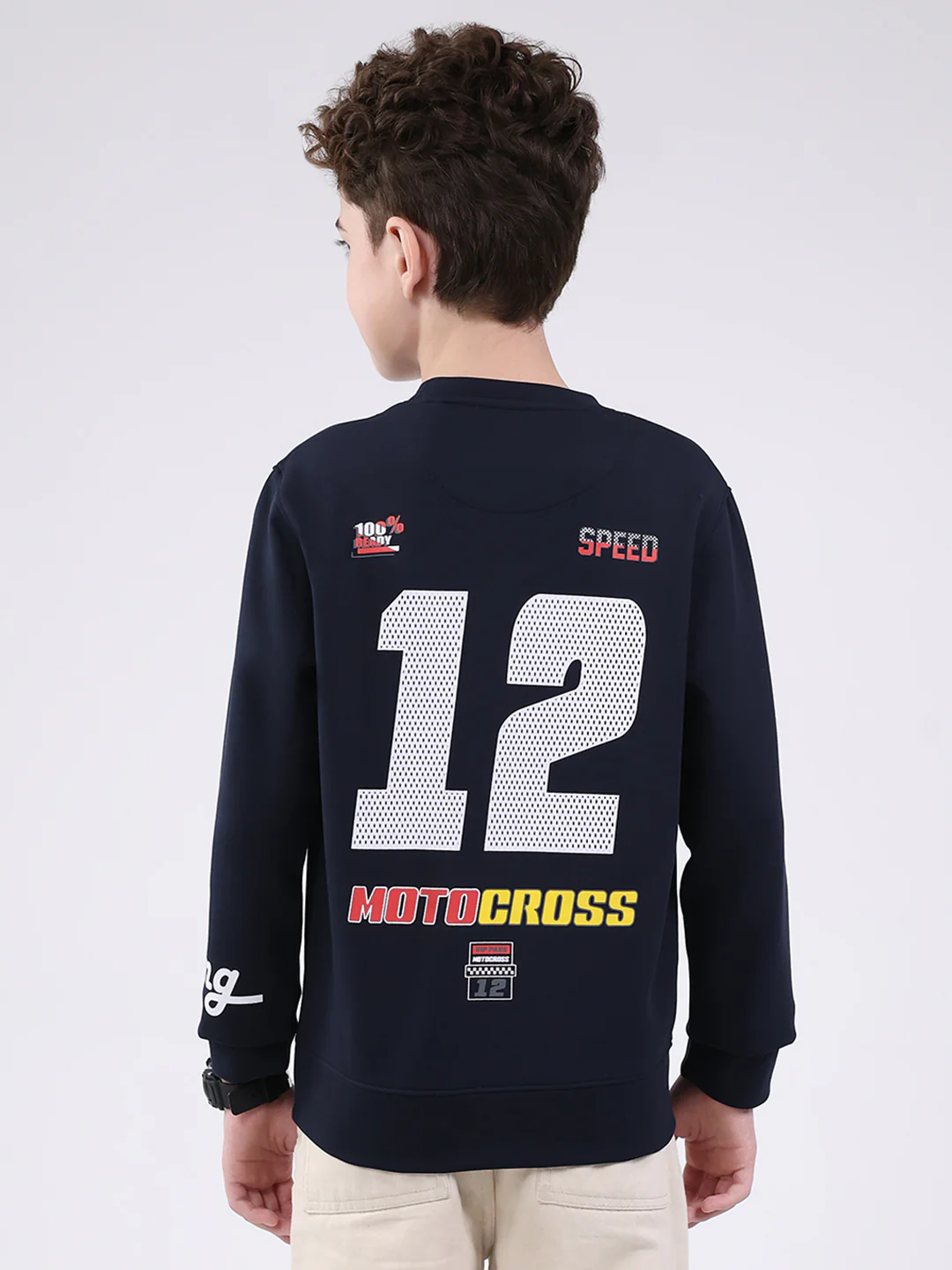Boys Navy Blue Printed Round Neck Full Sleeve Sweatshirt - Image 5