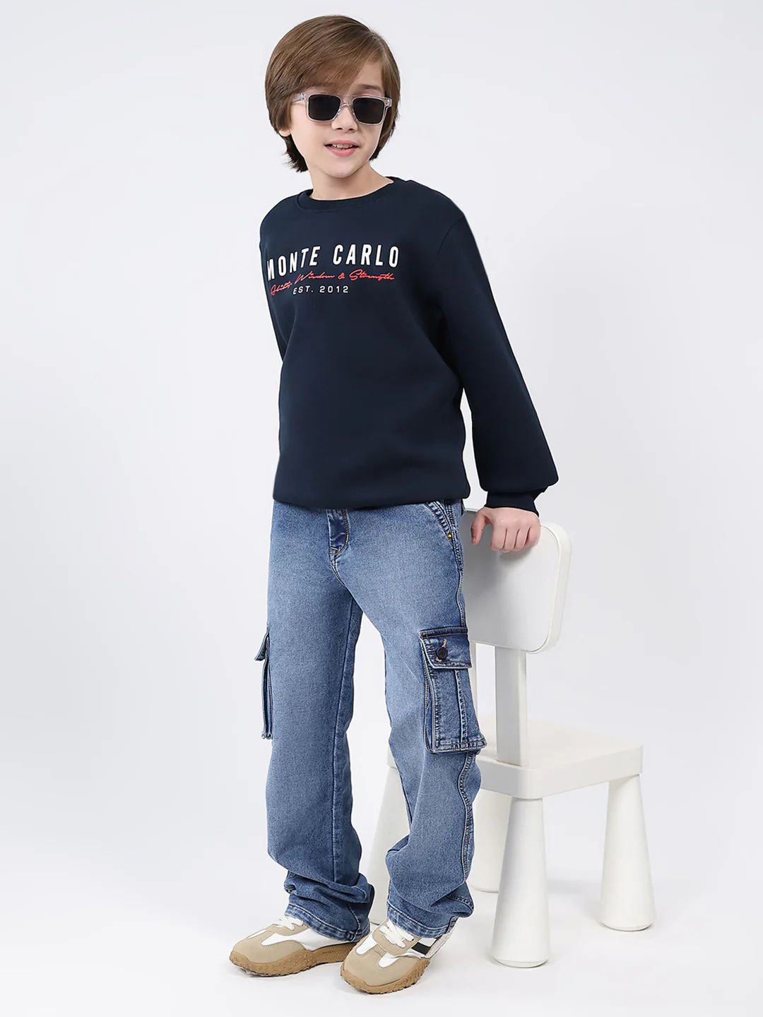 Boys Navy Blue Printed Round Neck Full Sleeve Sweatshirt - Image 2