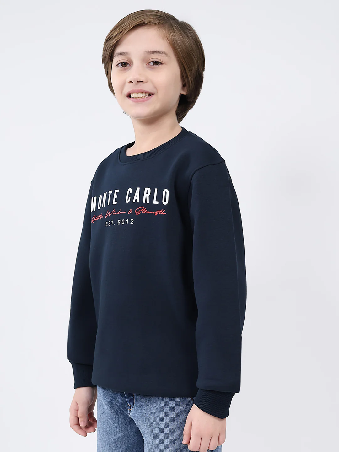 Boys Navy Blue Printed Round Neck Full Sleeve Sweatshirt - Image 3