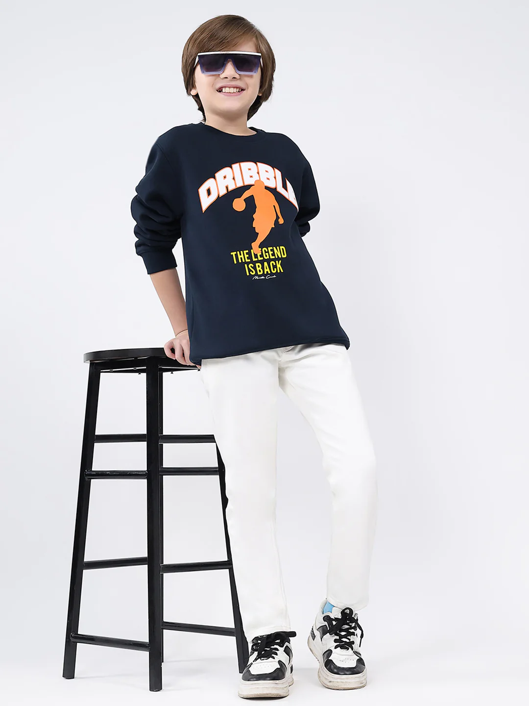 Boys Navy Blue Printed Round Neck Full Sleeve Sweatshirt - Image 2