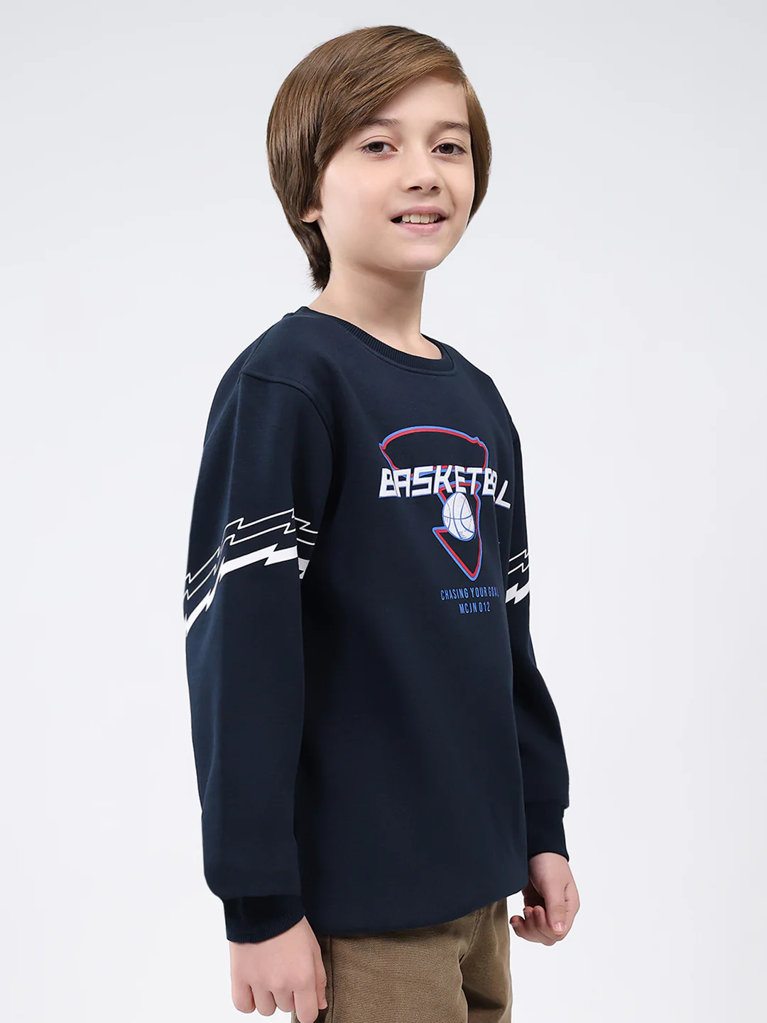 Boys Navy Blue Printed Round Neck Full Sleeve Sweatshirt - Image 4