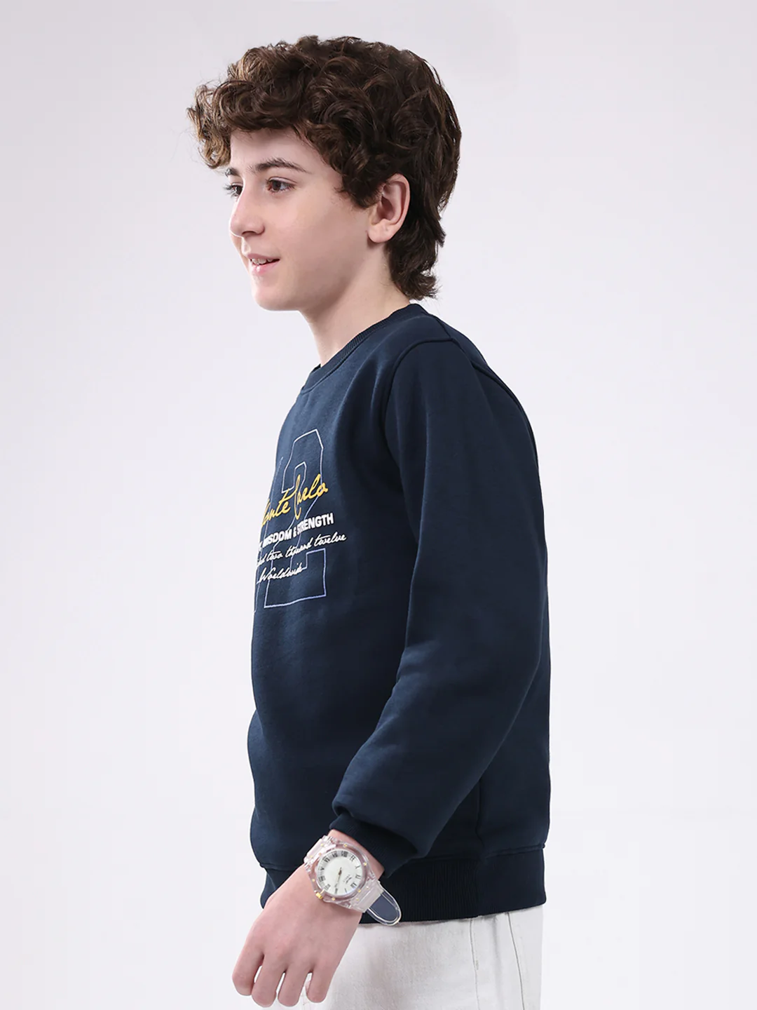 Boys Navy Blue Printed Round Neck Full Sleeve Sweatshirt - Image 3