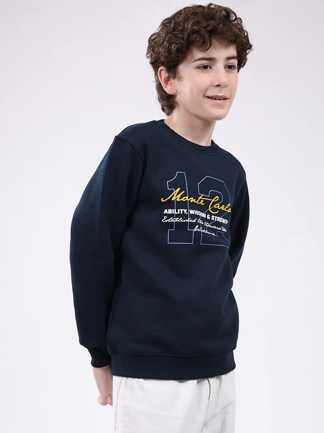 Boys Navy Blue Printed Round Neck Full Sleeve Sweatshirt - Image 4