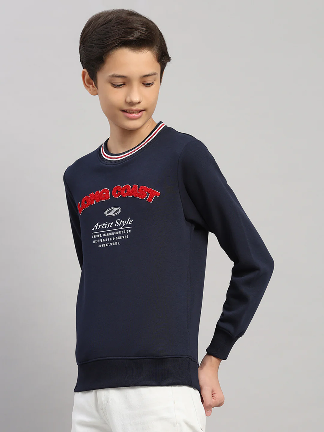 Boys Navy Blue Printed Round Neck Full Sleeve Sweatshirt - Image 3