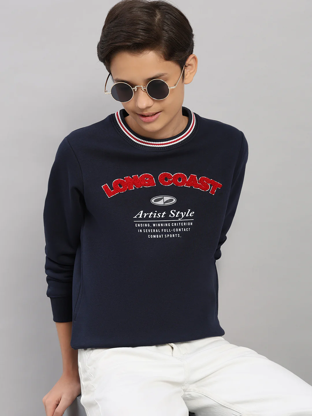 Boys Navy Blue Printed Round Neck Full Sleeve Sweatshirt - Image 6