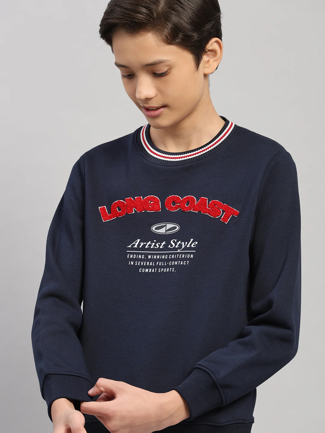 Boys Navy Blue Printed Round Neck Full Sleeve Sweatshirt - Image 7