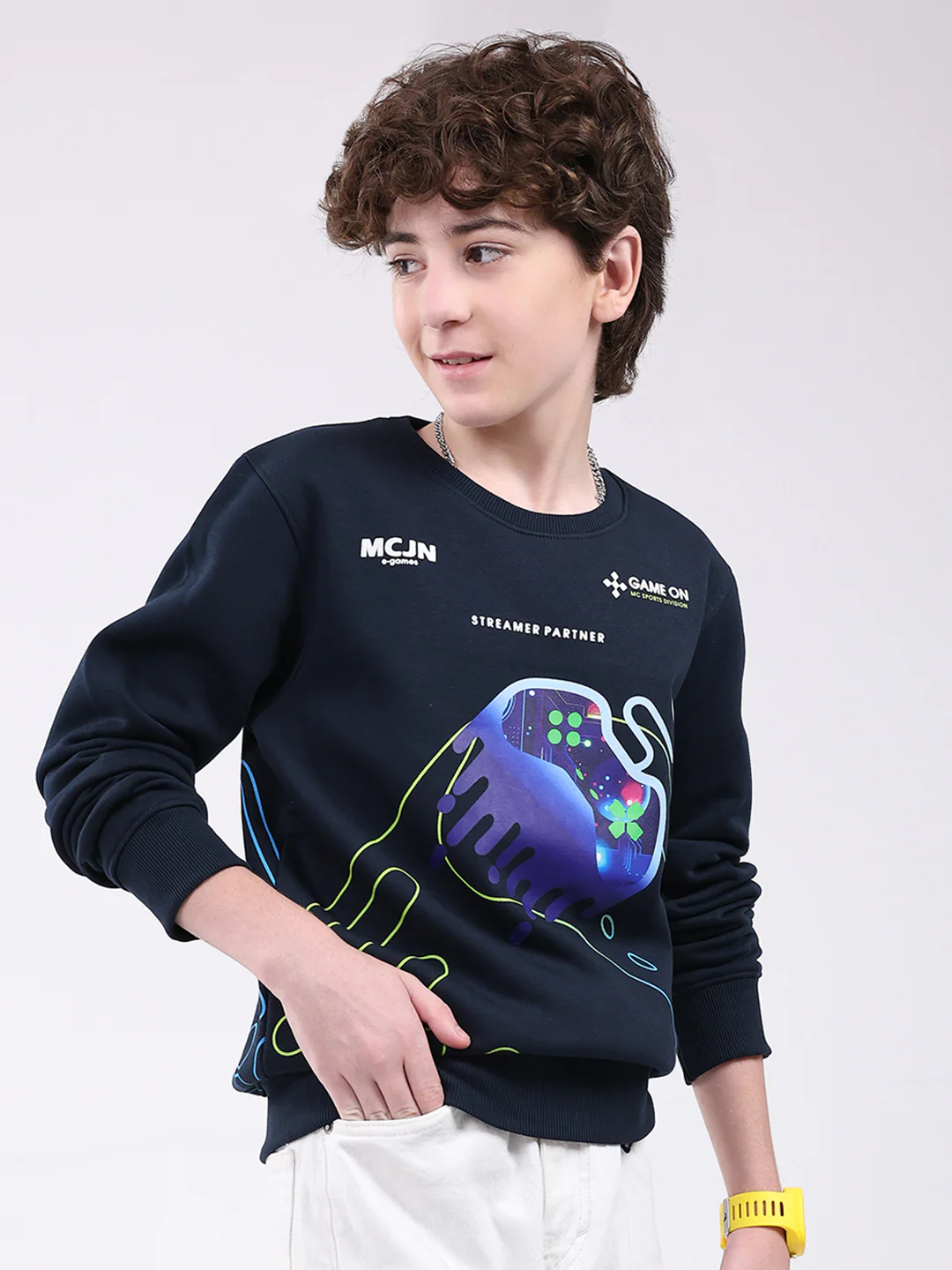 Boys Navy Blue Printed Round Neck Full Sleeve Sweatshirt - Image 4