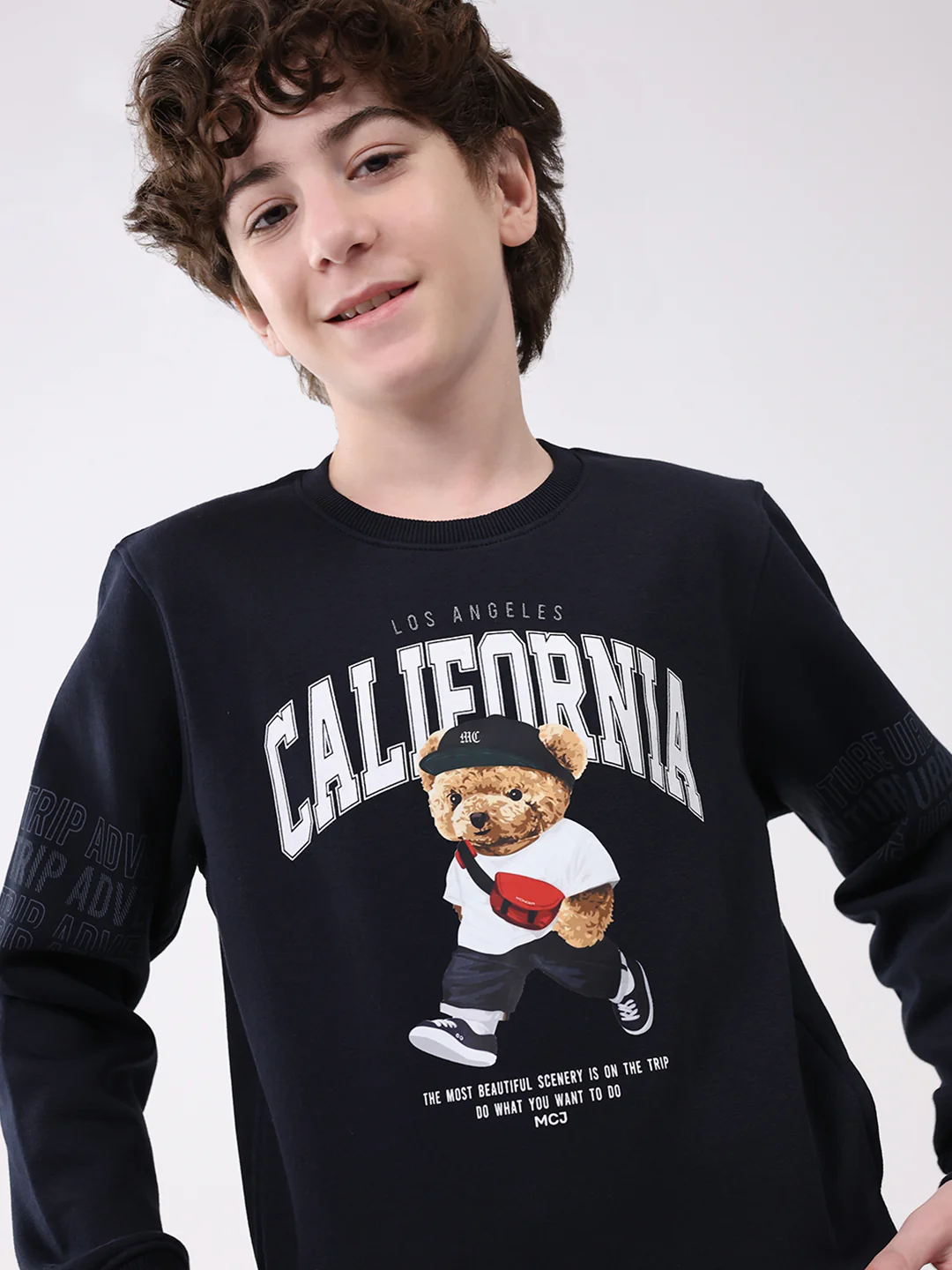 Boys Navy Blue Printed Round Neck Full Sleeve Sweatshirt - Image 6