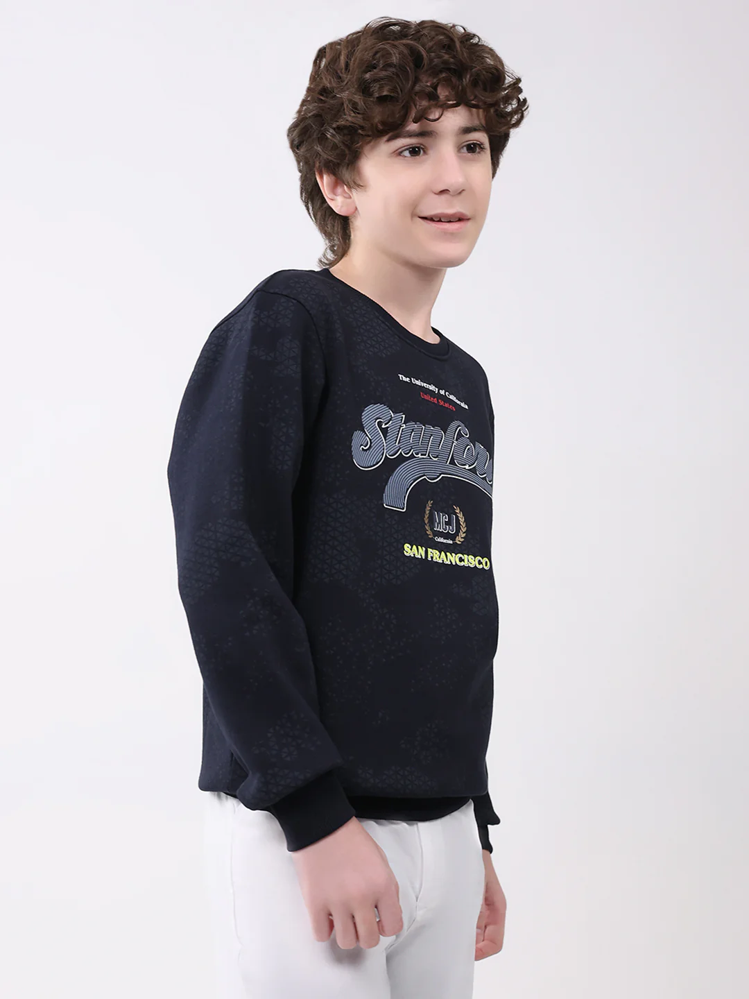 Boys Navy Blue Printed Round Neck Full Sleeve Sweatshirt - Image 4
