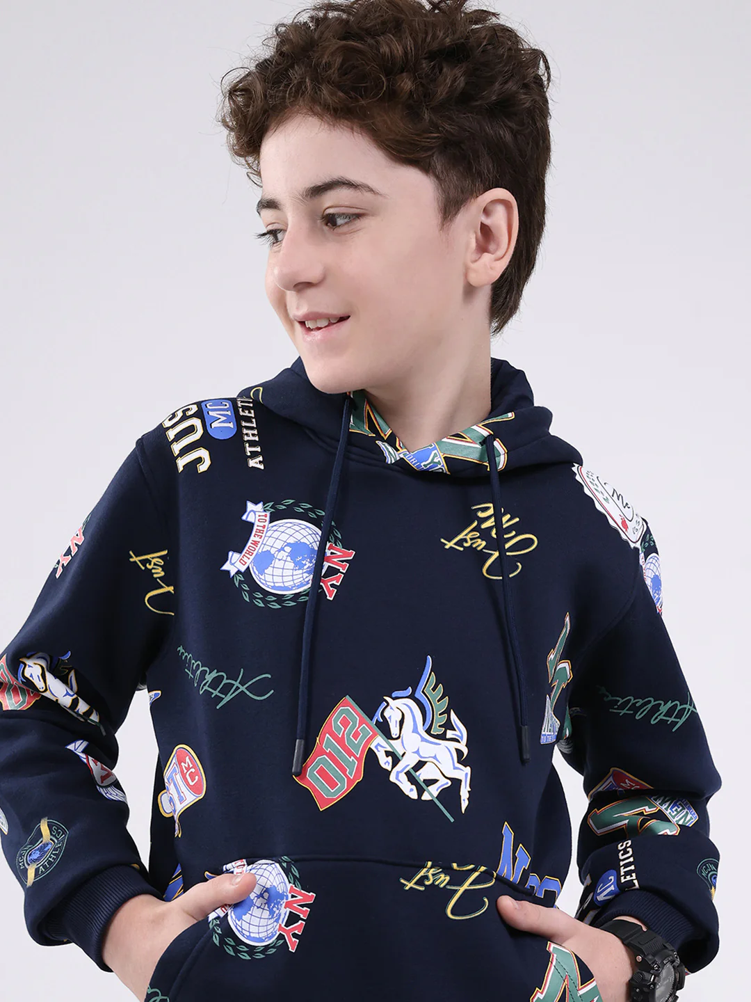 Boys Navy Blue Printed Round Neck Full Sleeve Sweatshirt - Image 7