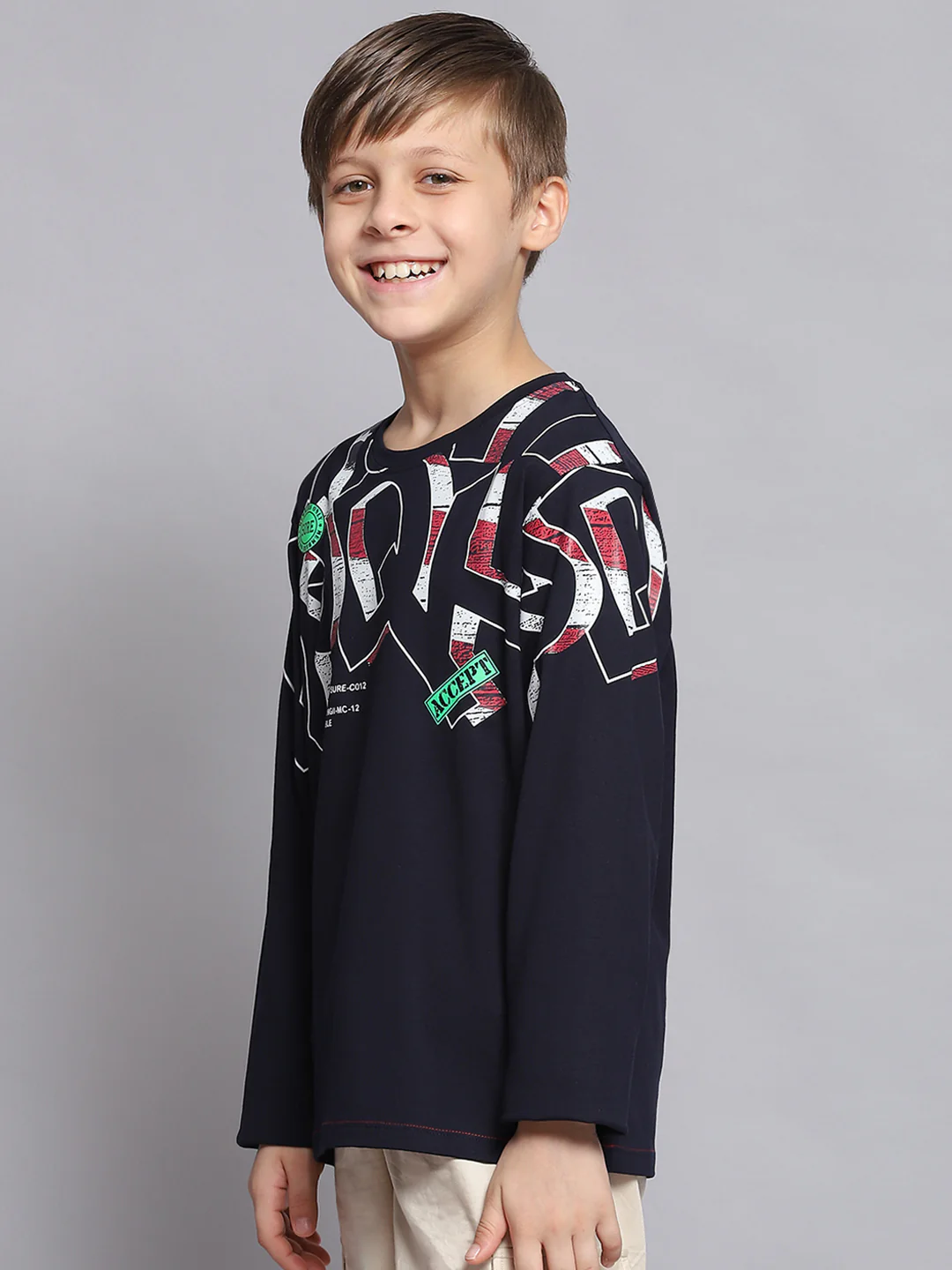 Boys Navy Blue Printed Round Neck Full Sleeve T-Shirts - Image 3