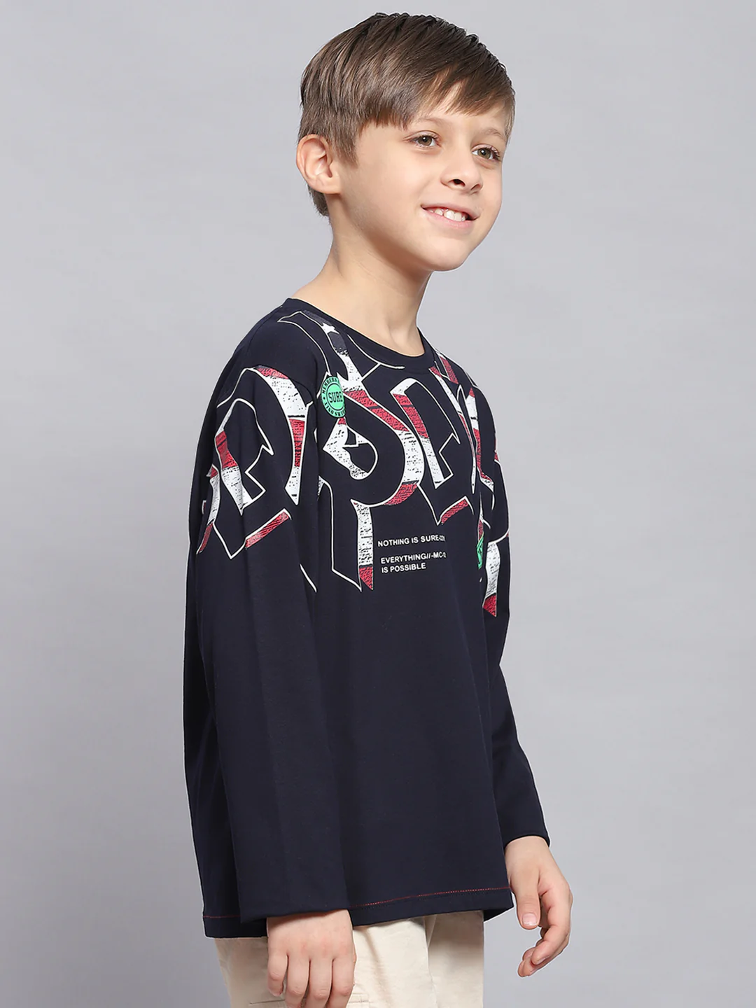 Boys Navy Blue Printed Round Neck Full Sleeve T-Shirts - Image 4