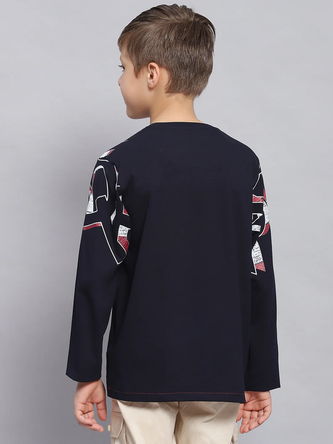 Boys Navy Blue Printed Round Neck Full Sleeve T-Shirts - Image 5