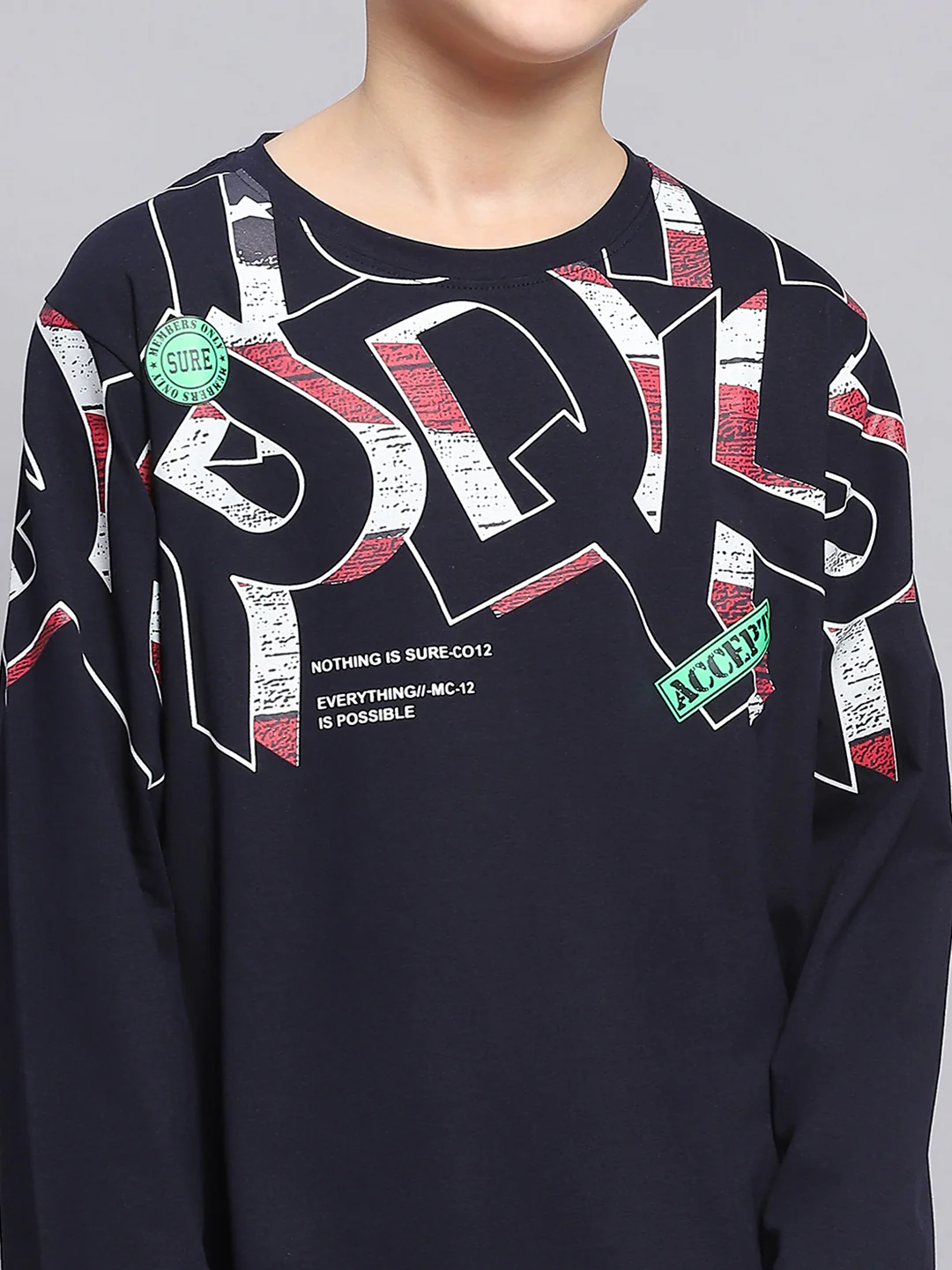 Boys Navy Blue Printed Round Neck Full Sleeve T-Shirts - Image 6