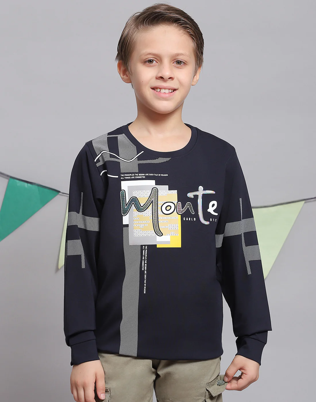 Boys Navy Blue Printed Round Neck Full Sleeve T-Shirts - Image 2