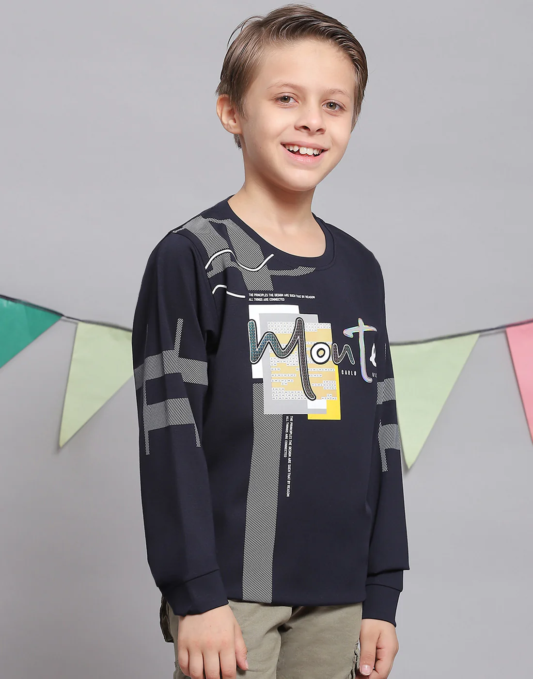 Boys Navy Blue Printed Round Neck Full Sleeve T-Shirts - Image 4