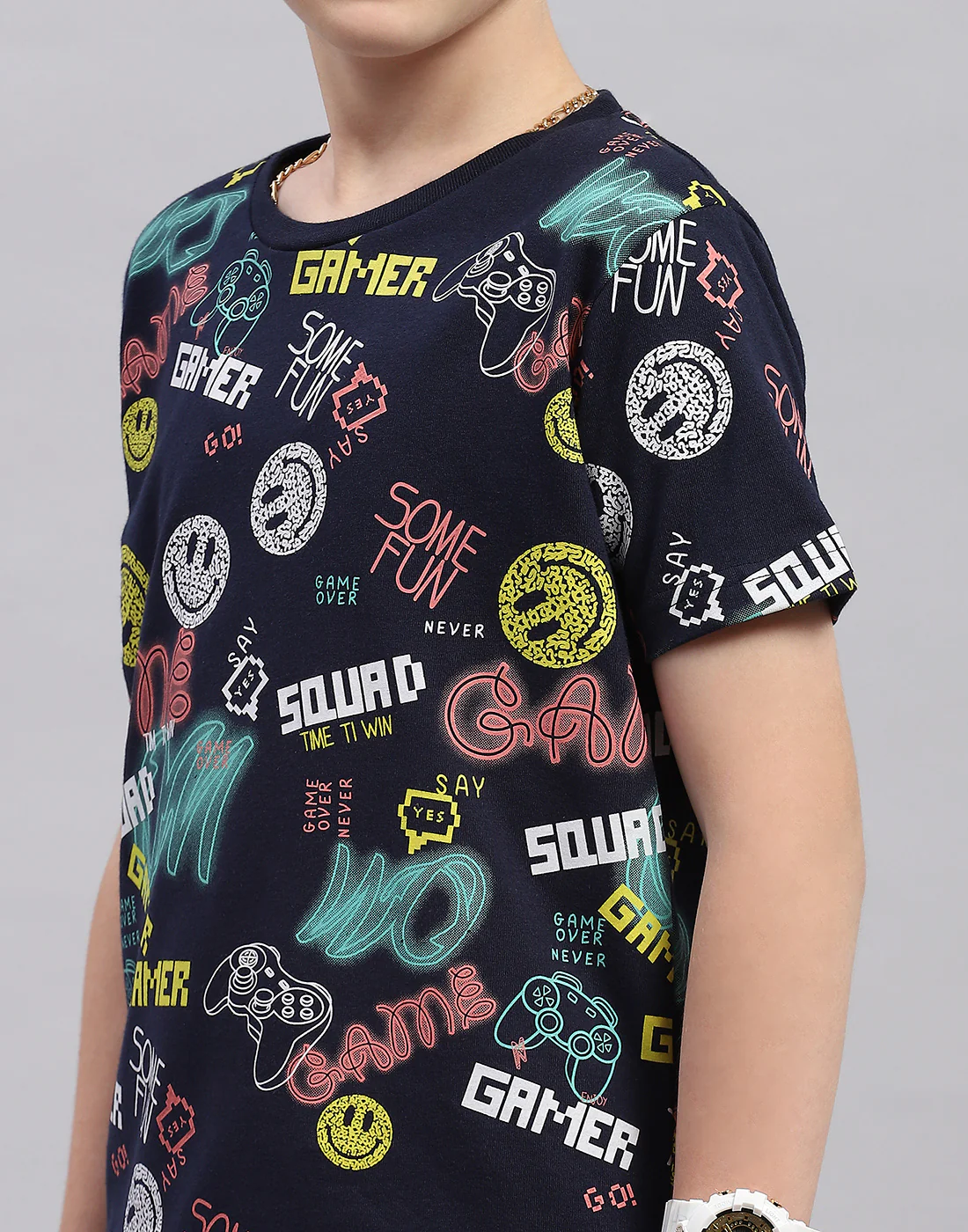 Boys Navy Blue Printed Round Neck Half Sleeve Bermuda Set - Image 6