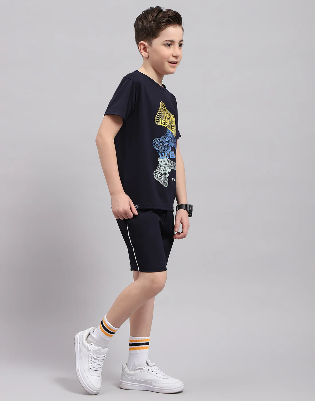Boys Navy Blue Printed Round Neck Half Sleeve Bermuda Set - Image 4