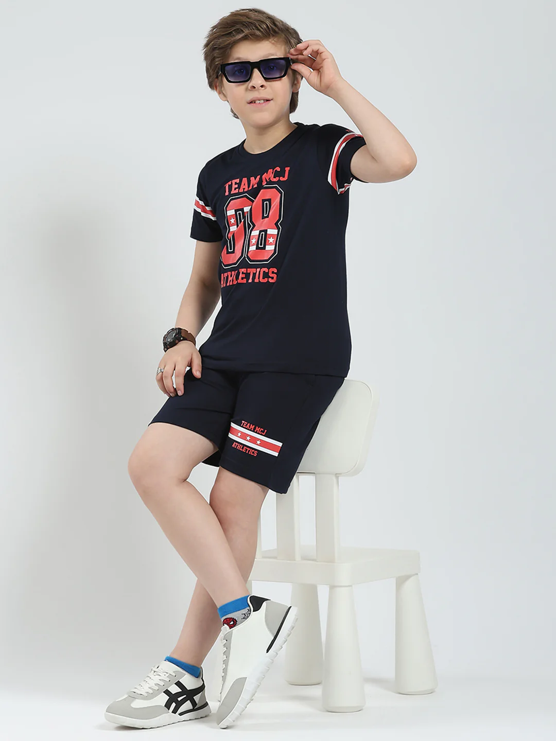 Boys Navy Blue Printed Round Neck Half Sleeve Bermuda Set - Image 2