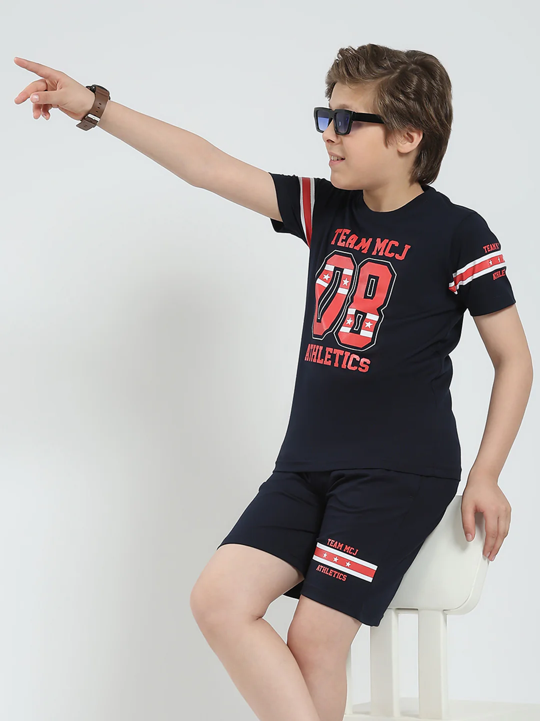 Boys Navy Blue Printed Round Neck Half Sleeve Bermuda Set - Image 6