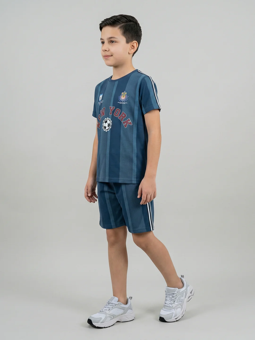 Boys Navy Blue Printed Round Neck Half Sleeve Cords Set - Image 3